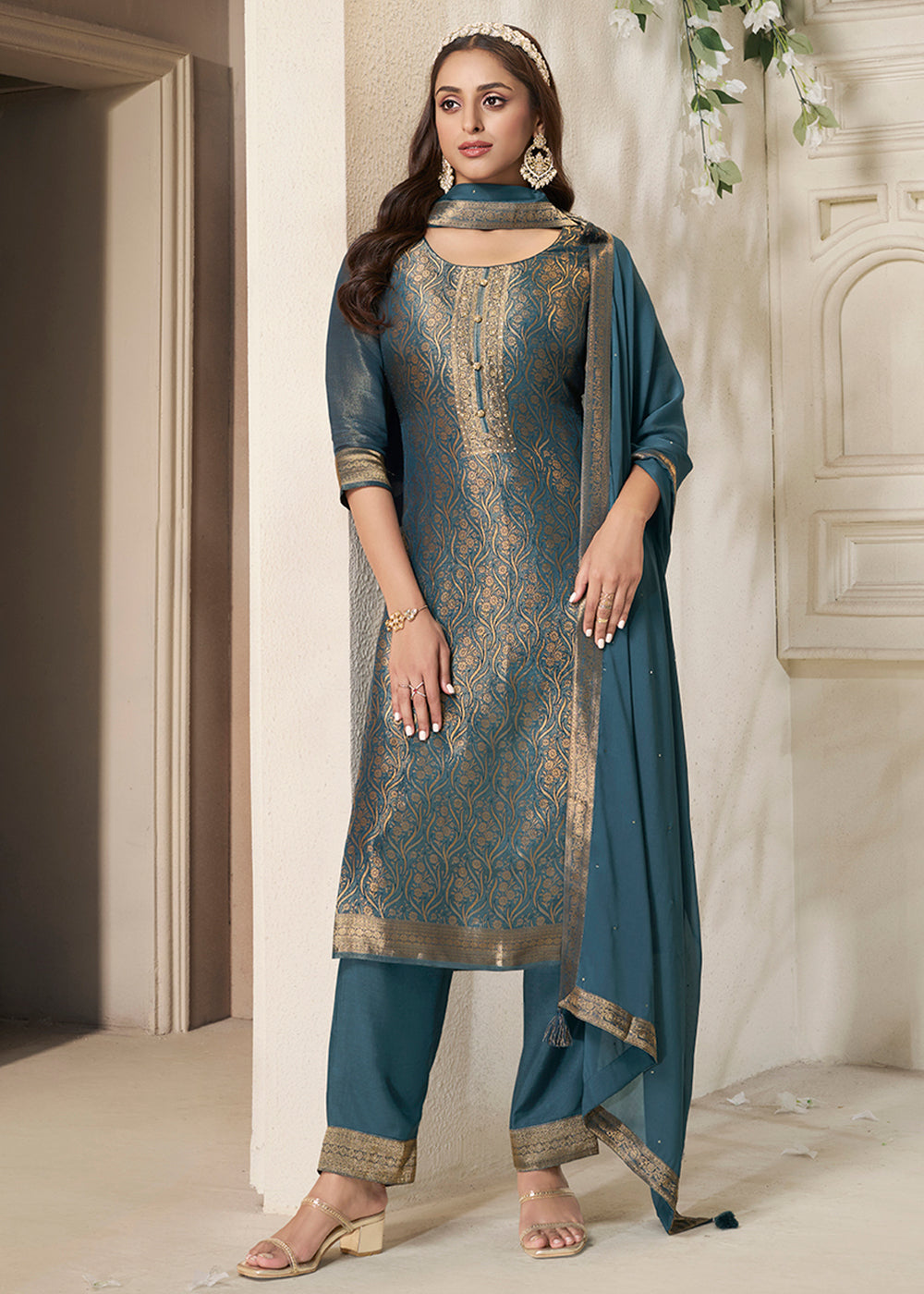 Celadon Blue Floral Jacquard Tissue Kurta Set with Sequins Embellishments