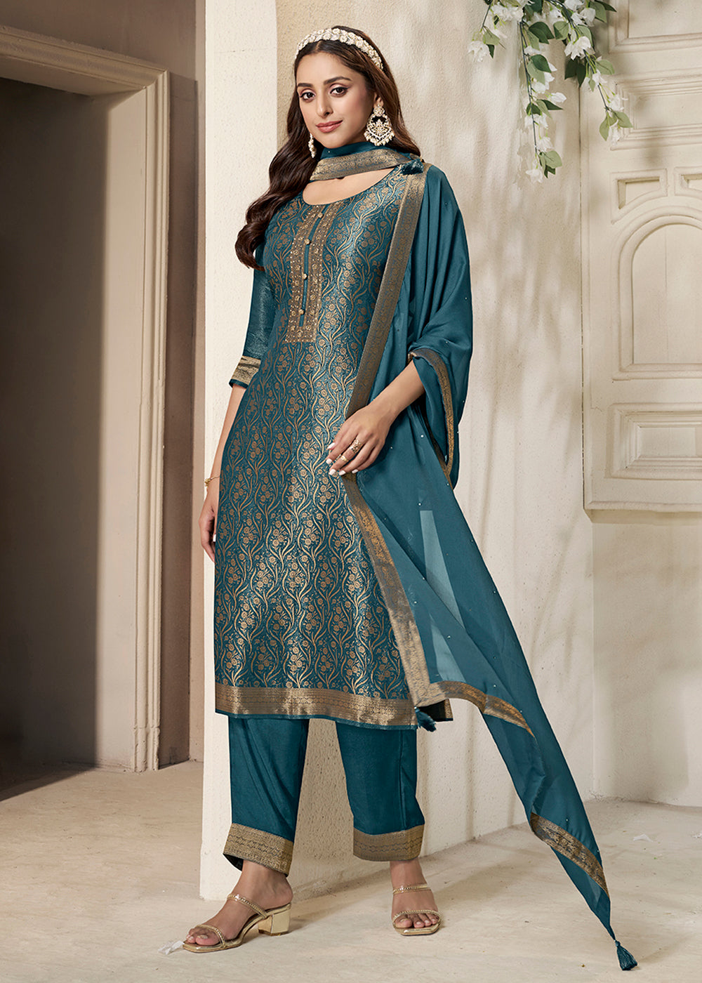 Celadon Blue Floral Jacquard Tissue Kurta Set with Sequins Embellishments