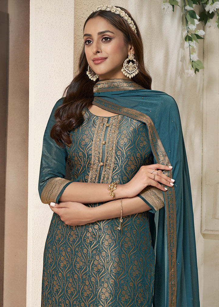 Celadon Blue Floral Jacquard Tissue Kurta Set with Sequins Embellishments