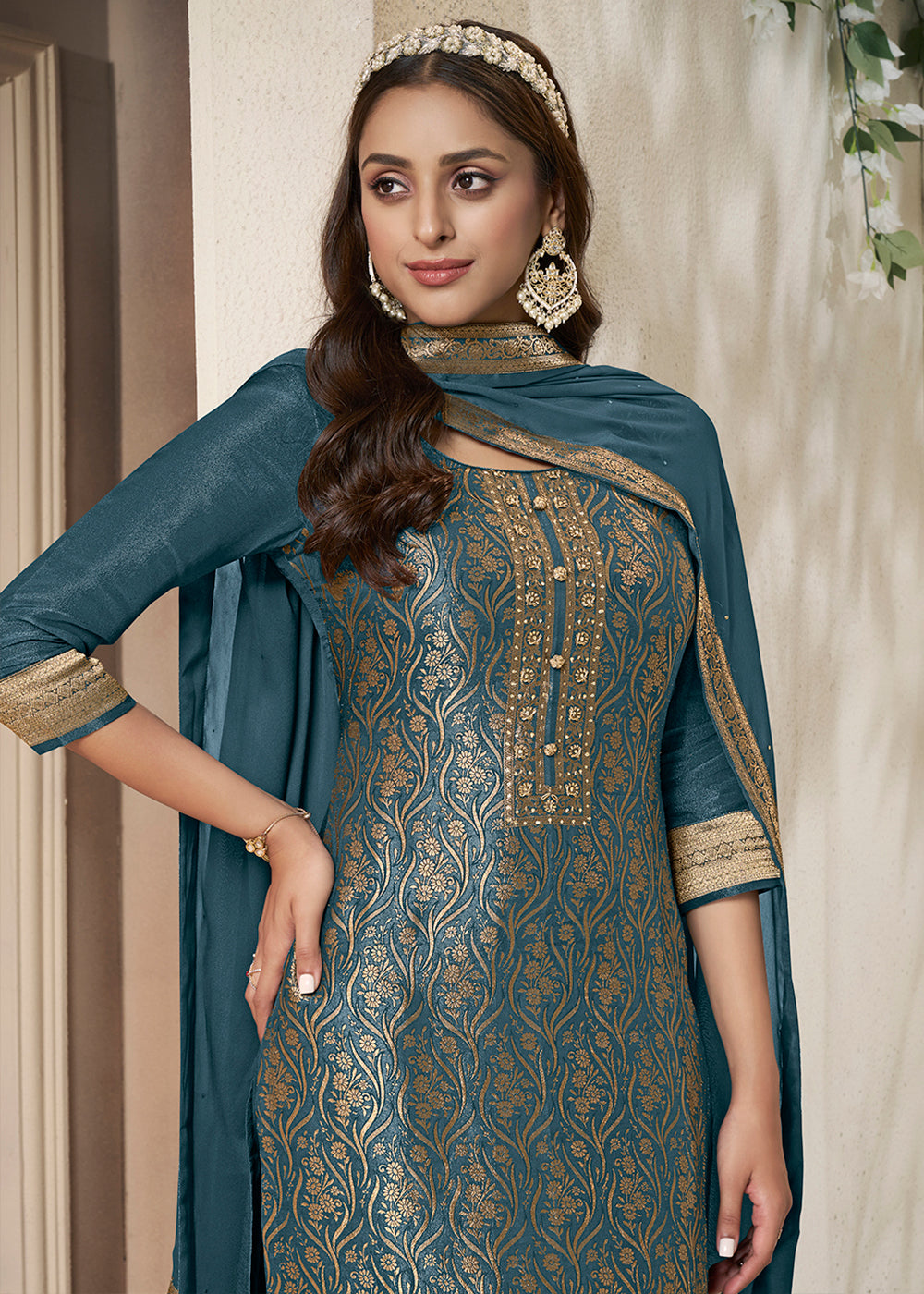 Celadon Blue Floral Jacquard Tissue Kurta Set with Sequins Embellishments