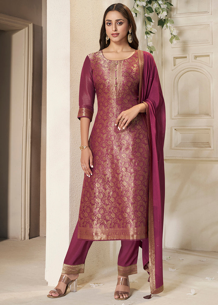 Cardinal Purple Floral Jacquard Tissue Kurta Set with Sequins Embellishments