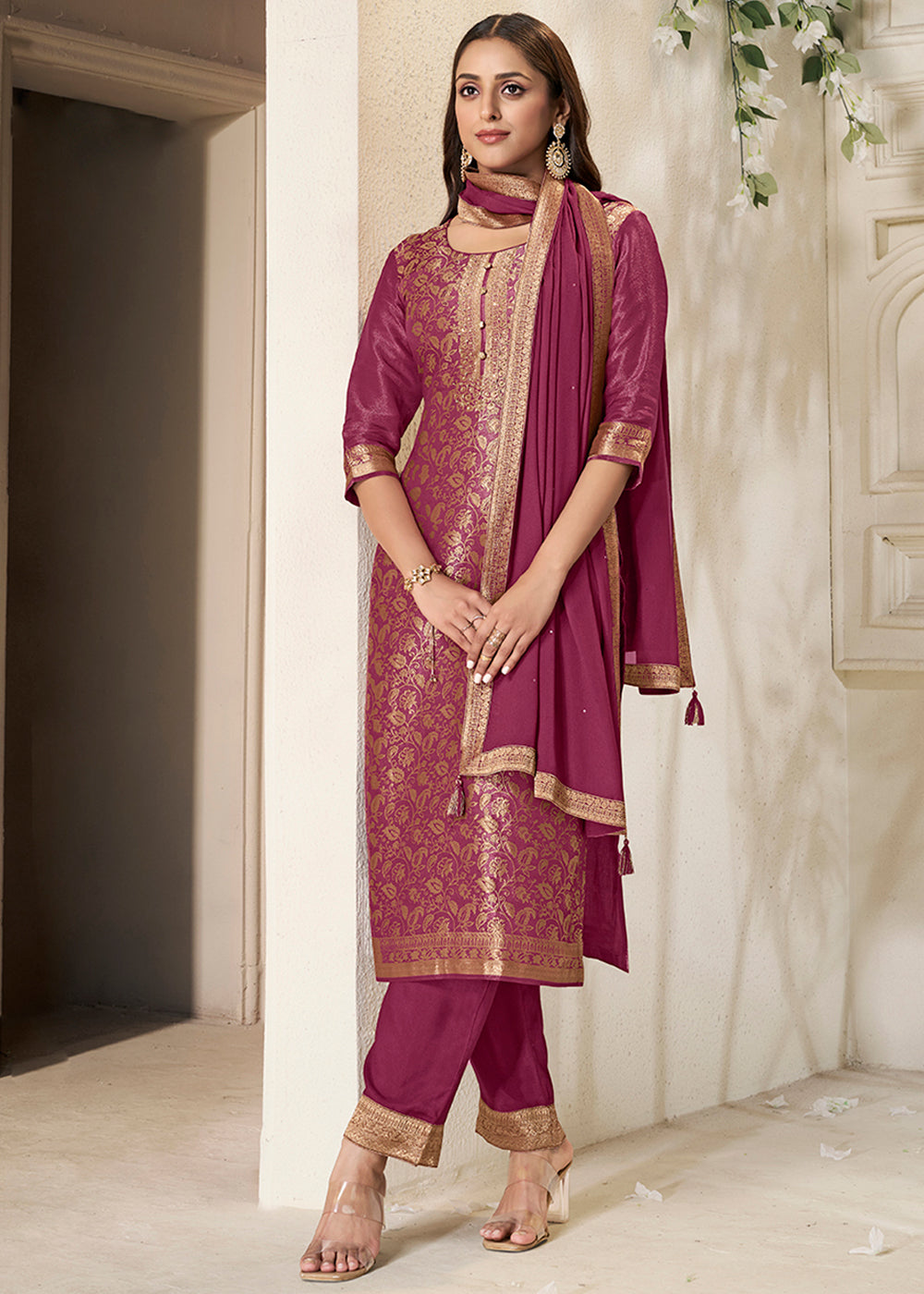 Cardinal Purple Floral Jacquard Tissue Kurta Set with Sequins Embellishments