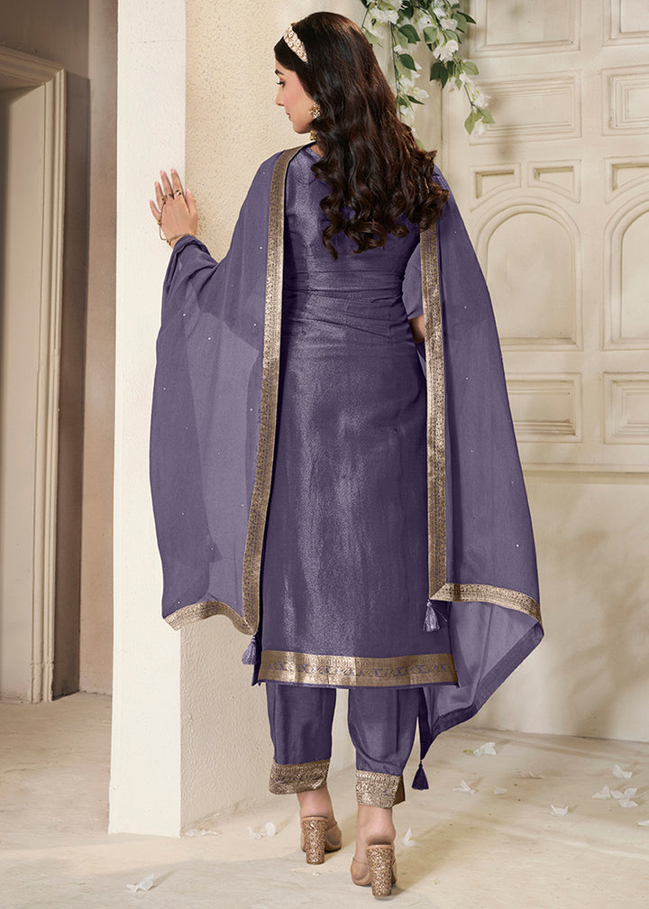 Ultra Violet Purple Floral Jacquard Tissue Kurta Set with Sequins Embellishments