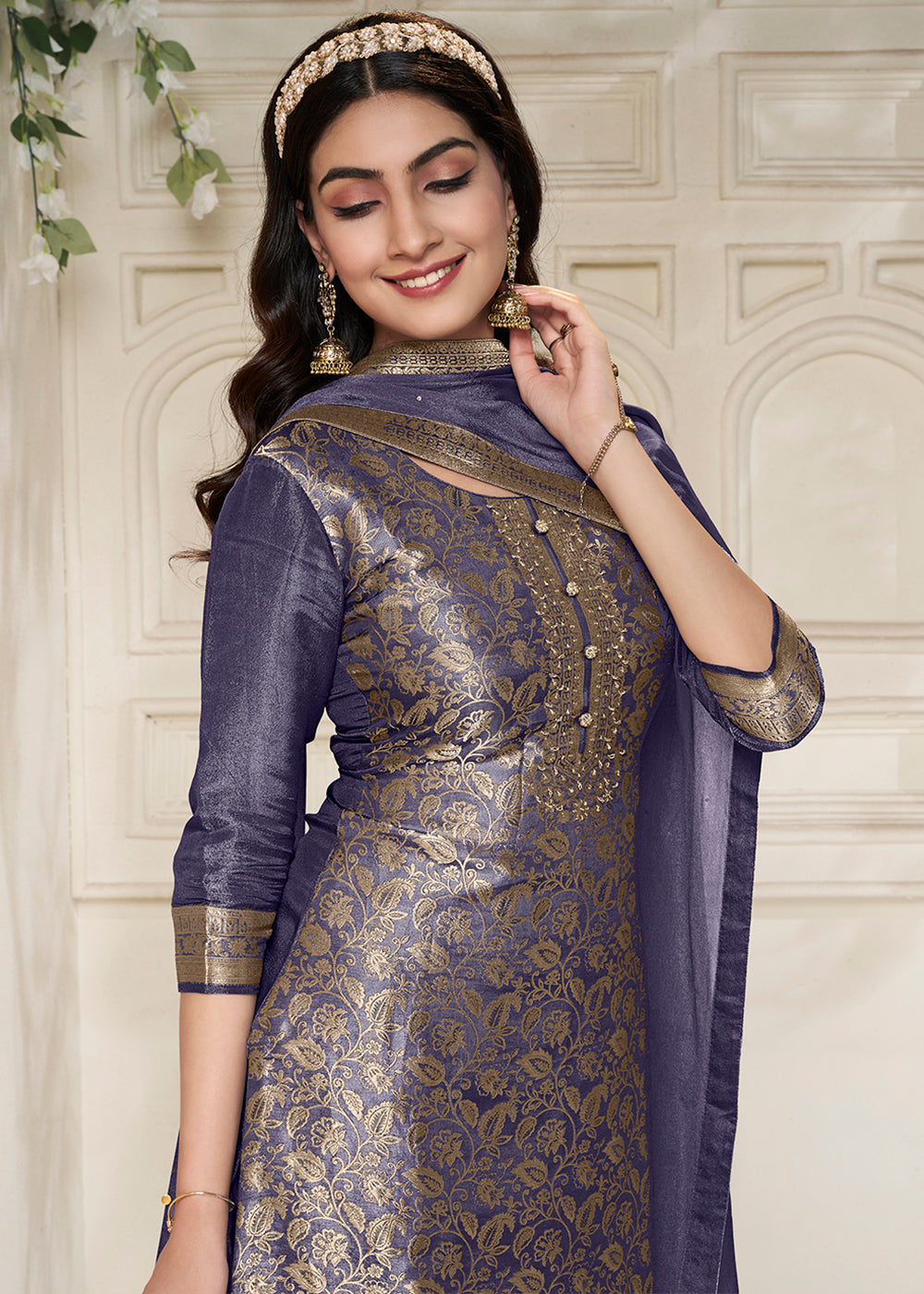 Ultra Violet Purple Floral Jacquard Tissue Kurta Set with Sequins Embellishments