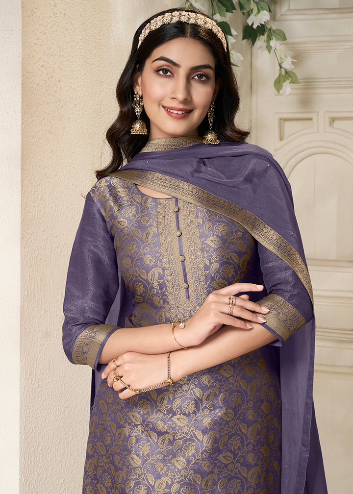 Ultra Violet Purple Floral Jacquard Tissue Kurta Set with Sequins Embellishments