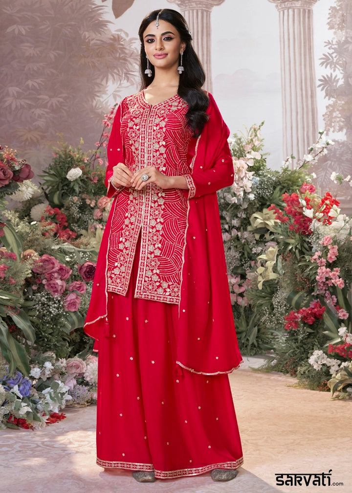 Candy Red Chinon Silk Sharara Set with Sequin and Embroidery Detailing