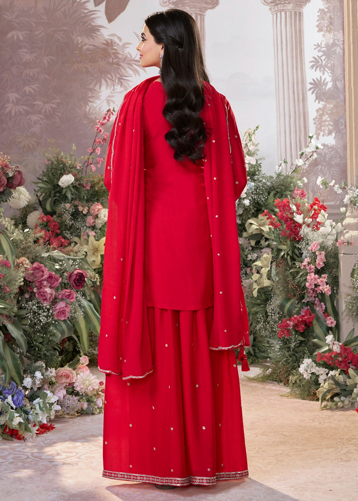 Candy Red Chinon Silk Sharara Set with Sequin and Embroidery Detailing