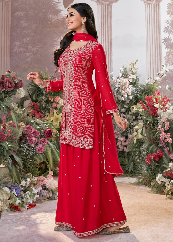 Candy Red Chinon Silk Sharara Set with Sequin and Embroidery Detailing