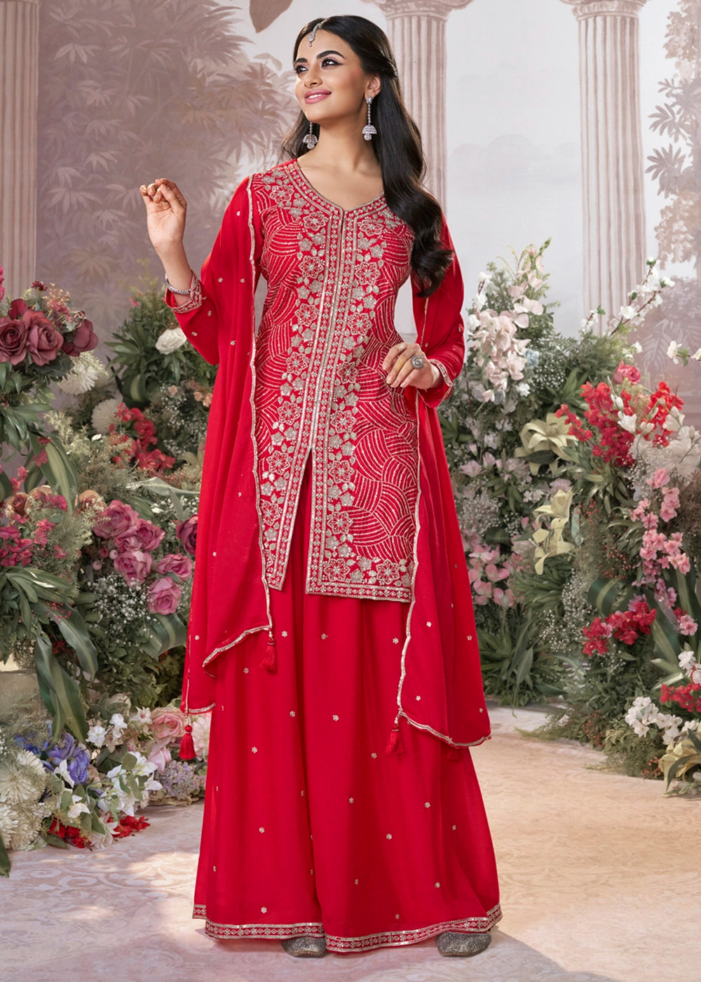 Candy Red Chinon Silk Sharara Set with Sequin and Embroidery Detailing