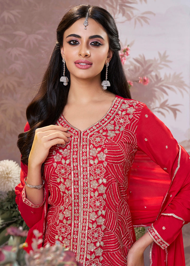 Candy Red Chinon Silk Sharara Set with Sequin and Embroidery Detailing