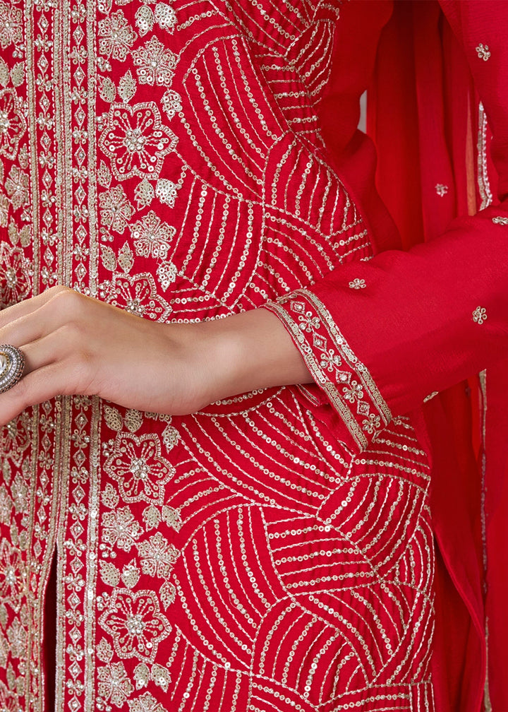Candy Red Chinon Silk Sharara Set with Sequin and Embroidery Detailing