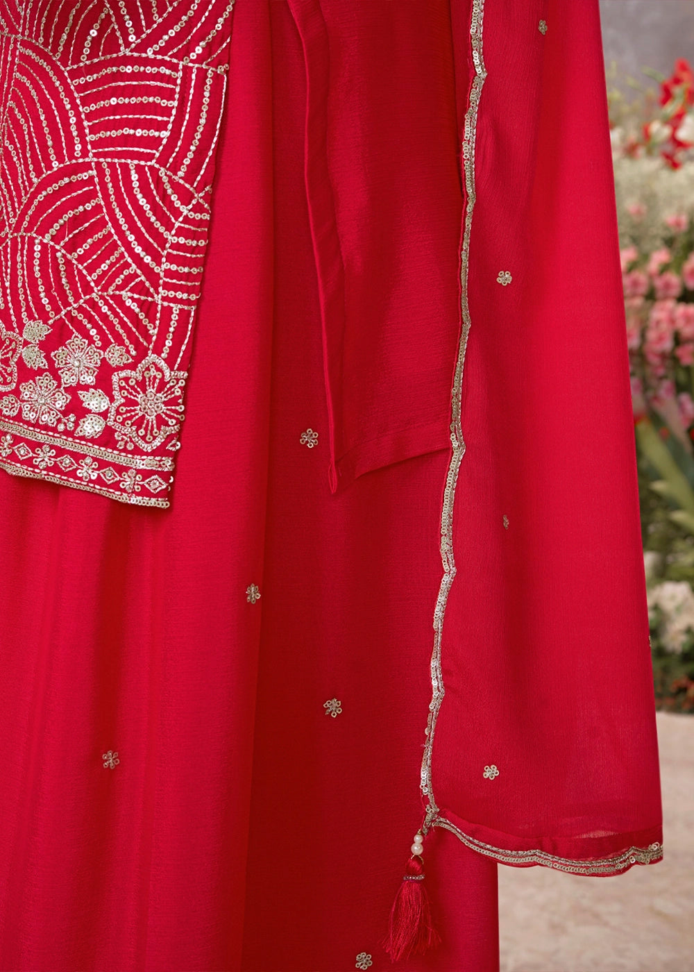 Candy Red Chinon Silk Sharara Set with Sequin and Embroidery Detailing
