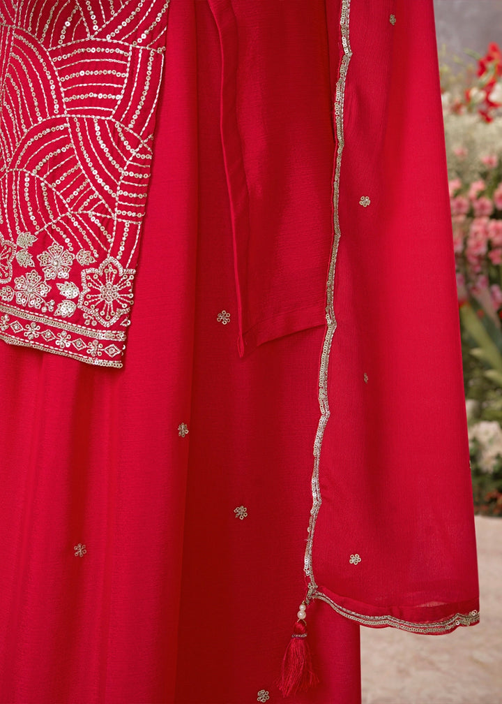Candy Red Chinon Silk Sharara Set with Sequin and Embroidery Detailing