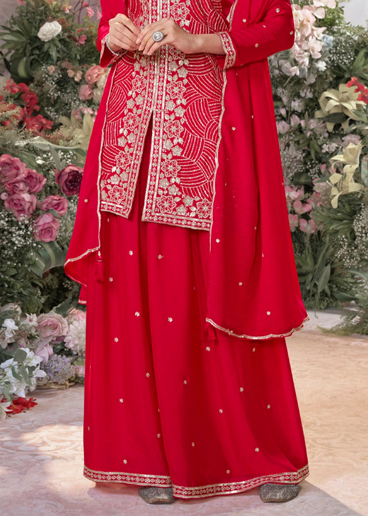 Candy Red Chinon Silk Sharara Set with Sequin and Embroidery Detailing