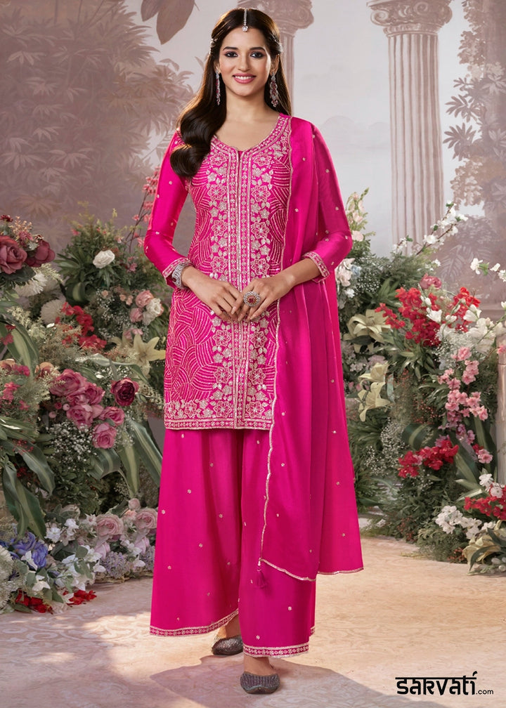 Hot Pink Chinon Silk Sharara Set with Sequin and Embroidery Detailing