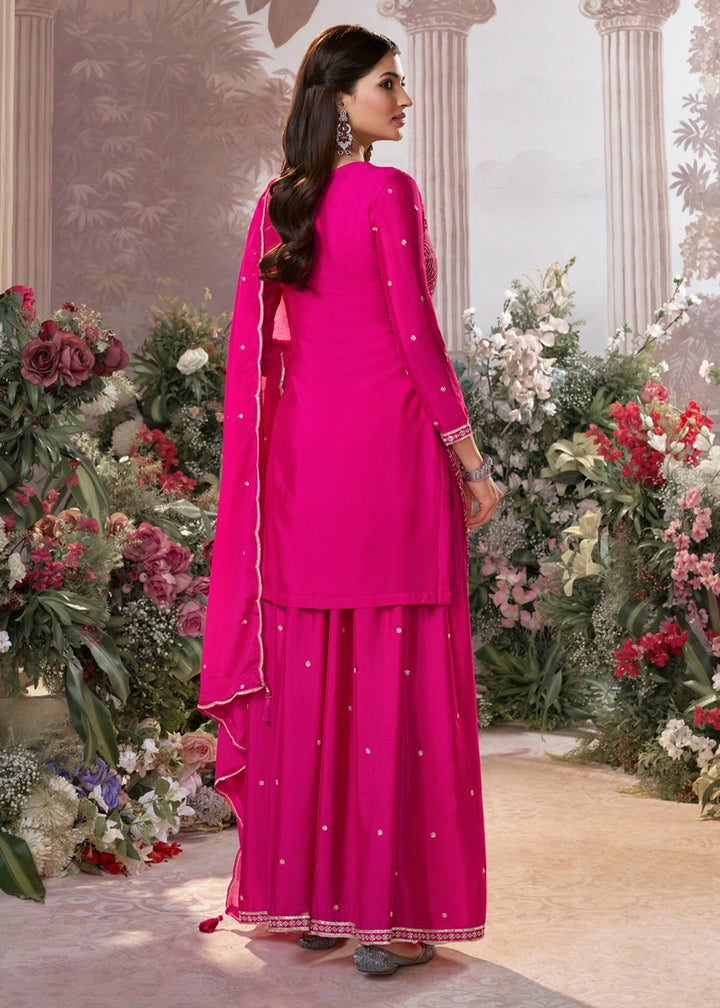 Hot Pink Chinon Silk Sharara Set with Sequin and Embroidery Detailing