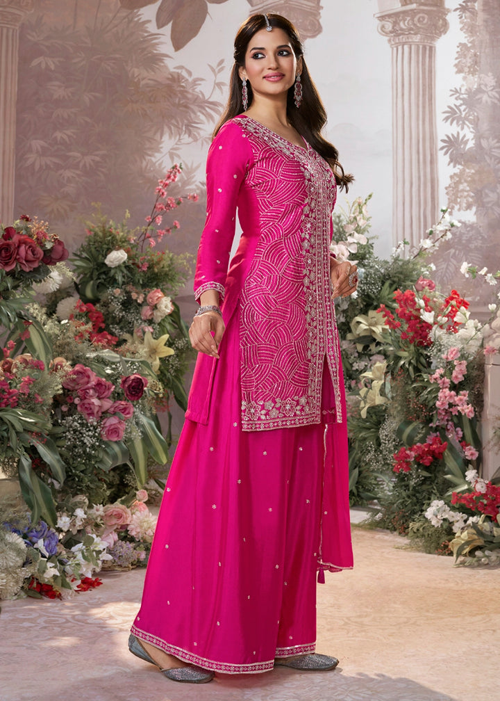 Hot Pink Chinon Silk Sharara Set with Sequin and Embroidery Detailing