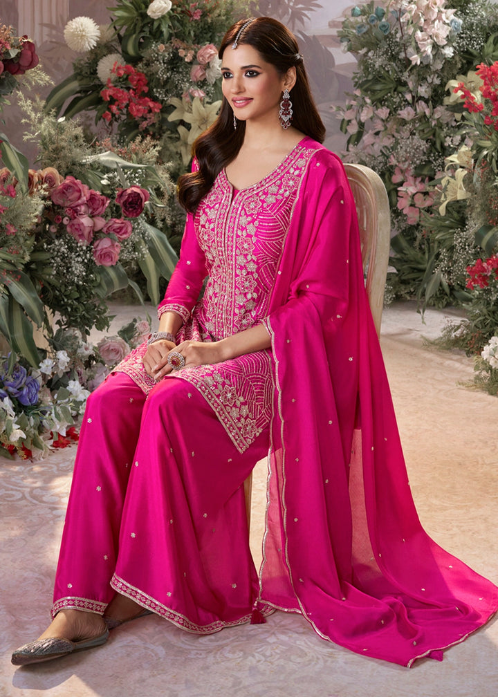Hot Pink Chinon Silk Sharara Set with Sequin and Embroidery Detailing