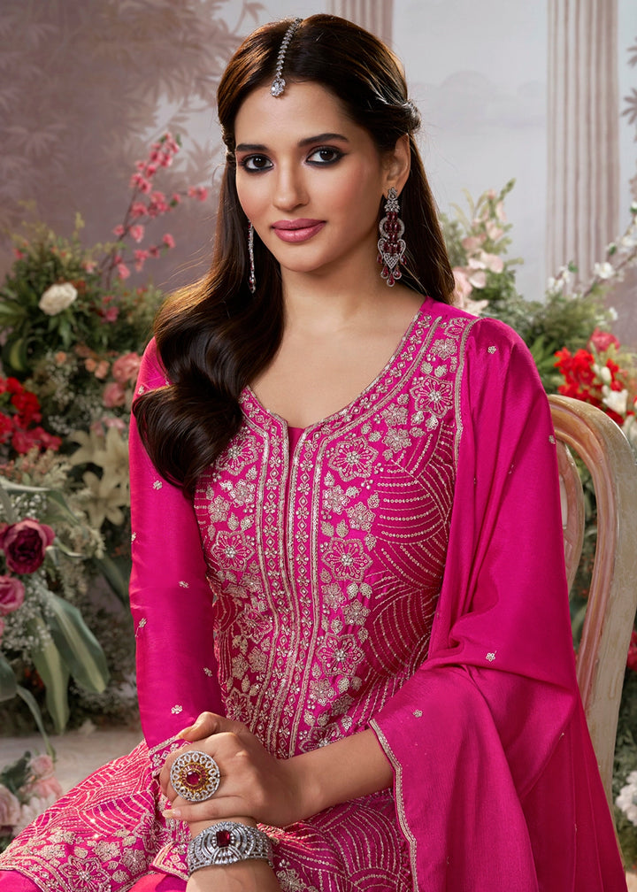 Hot Pink Chinon Silk Sharara Set with Sequin and Embroidery Detailing