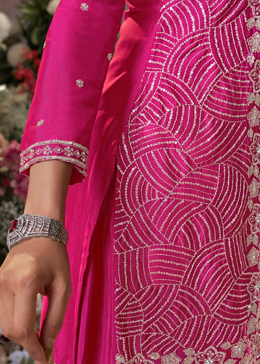 Hot Pink Chinon Silk Sharara Set with Sequin and Embroidery Detailing