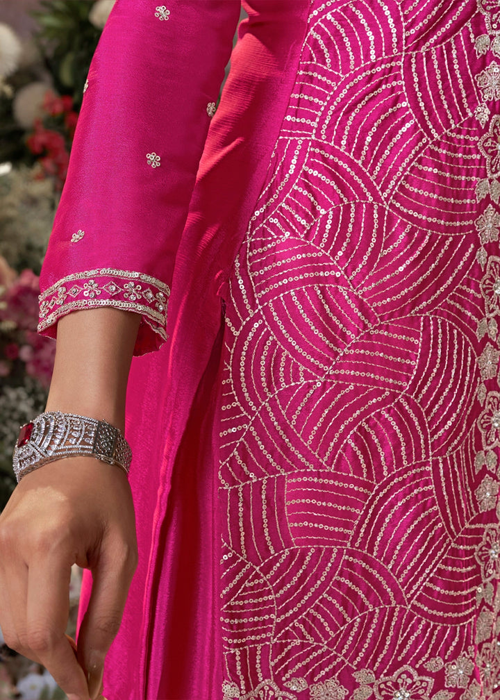 Hot Pink Chinon Silk Sharara Set with Sequin and Embroidery Detailing