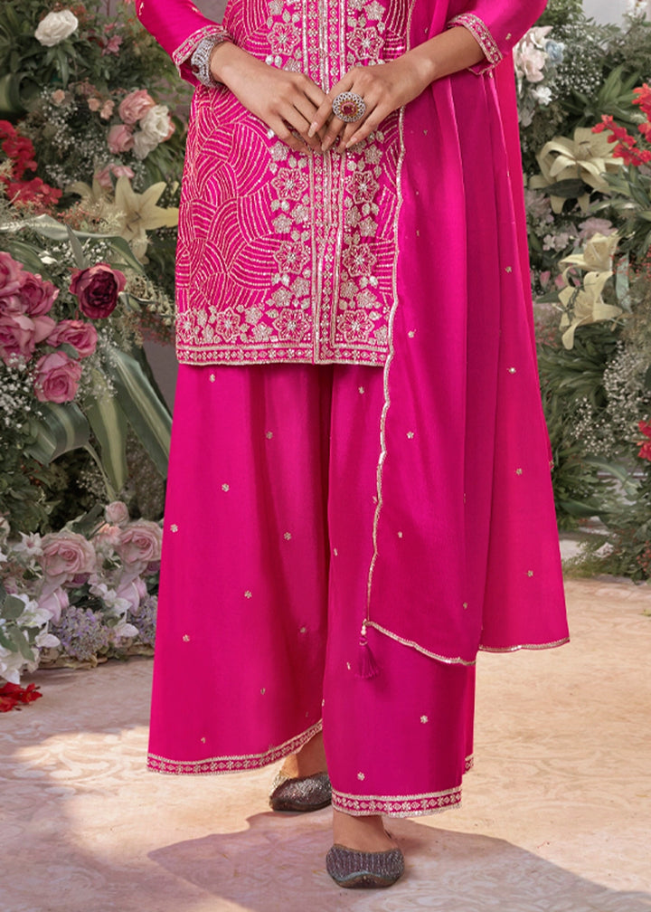 Hot Pink Chinon Silk Sharara Set with Sequin and Embroidery Detailing
