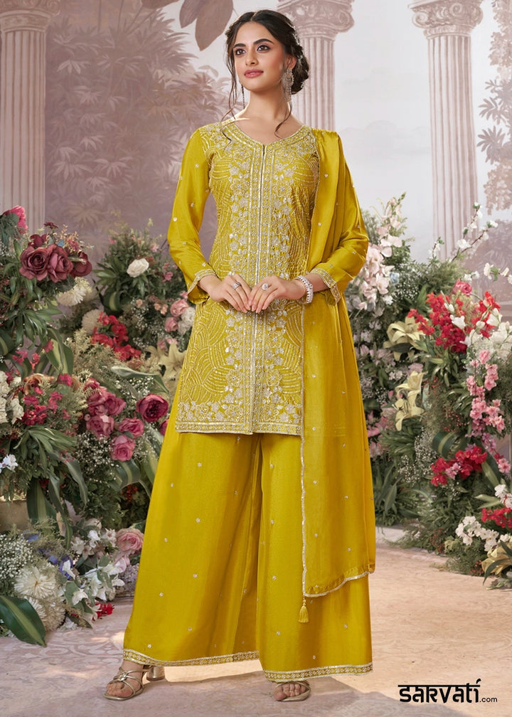 Canary Yellow Chinon Silk Sharara Set with Sequin and Embroidery Detailing