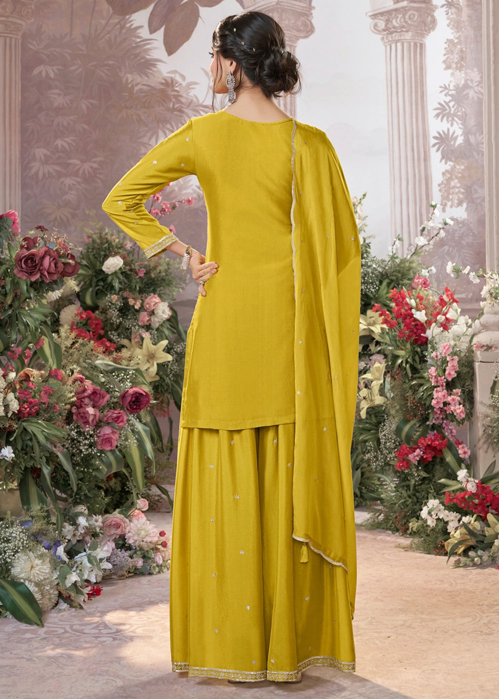 Canary Yellow Chinon Silk Sharara Set with Sequin and Embroidery Detailing