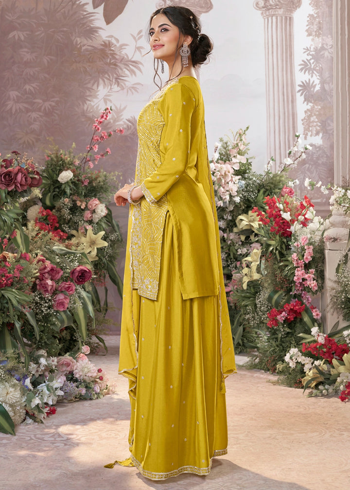Canary Yellow Chinon Silk Sharara Set with Sequin and Embroidery Detailing