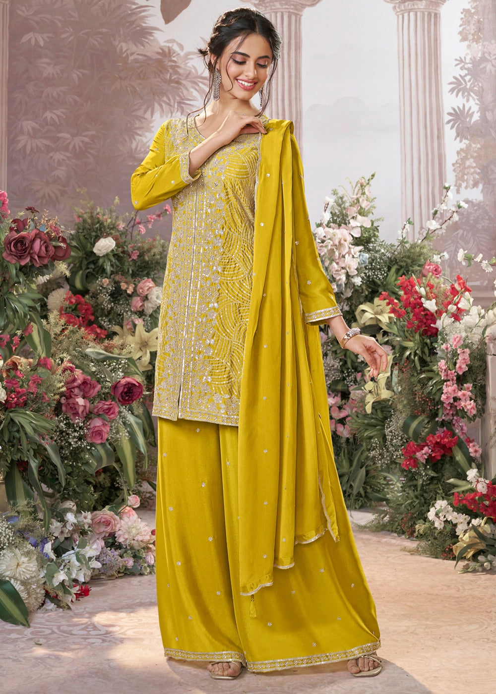 Canary Yellow Chinon Silk Sharara Set with Sequin and Embroidery Detailing