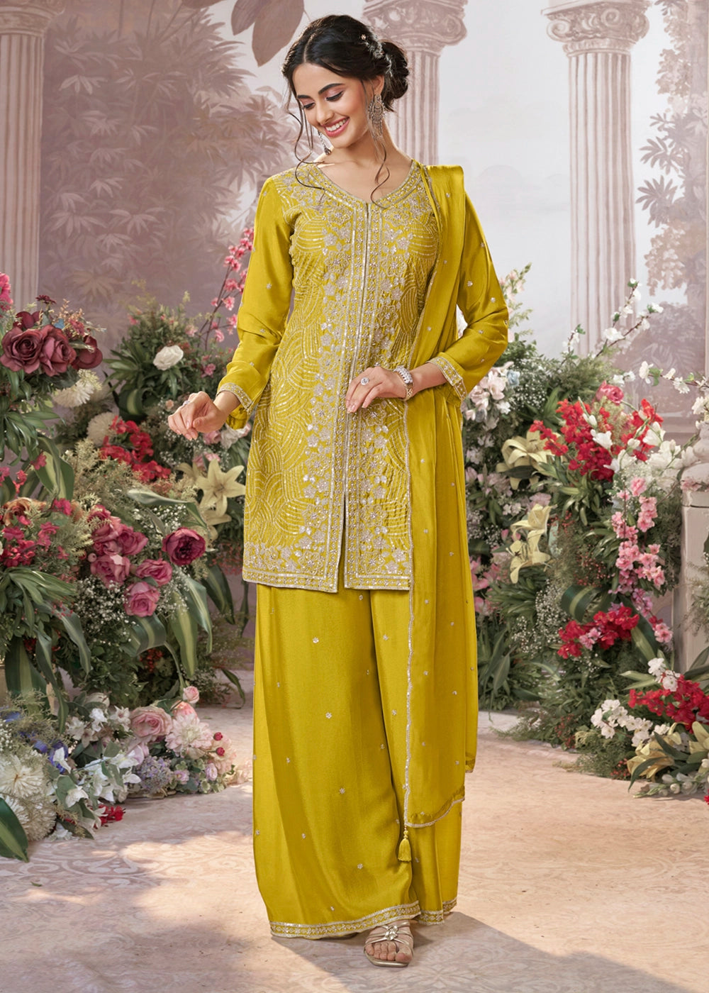 Canary Yellow Chinon Silk Sharara Set with Sequin and Embroidery Detailing
