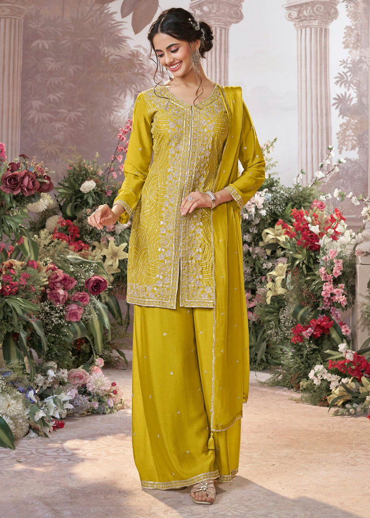 Canary Yellow Chinon Silk Sharara Set with Sequin and Embroidery Detailing