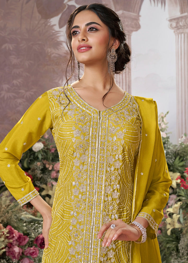 Canary Yellow Chinon Silk Sharara Set with Sequin and Embroidery Detailing