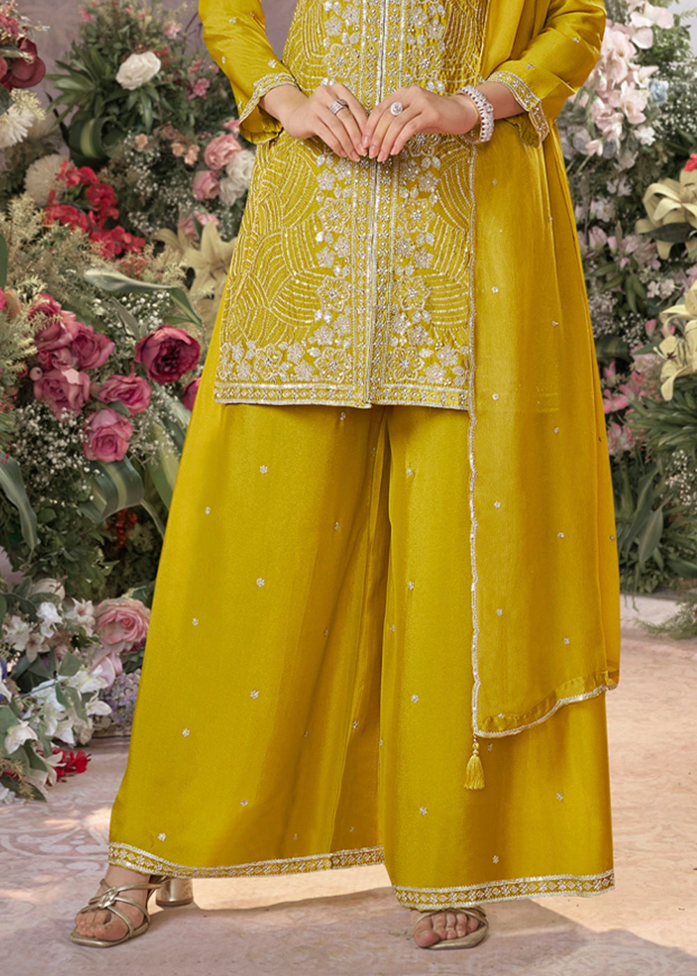 Canary Yellow Chinon Silk Sharara Set with Sequin and Embroidery Detailing