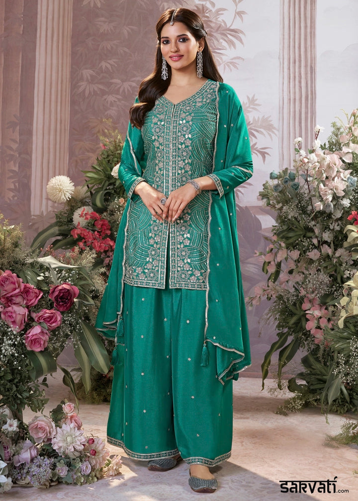 Pine Green Chinon Silk Sharara Set with Sequin and Embroidery Detailing