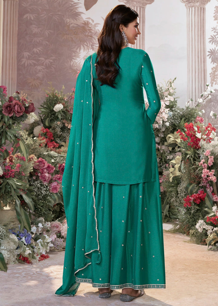 Pine Green Chinon Silk Sharara Set with Sequin and Embroidery Detailing