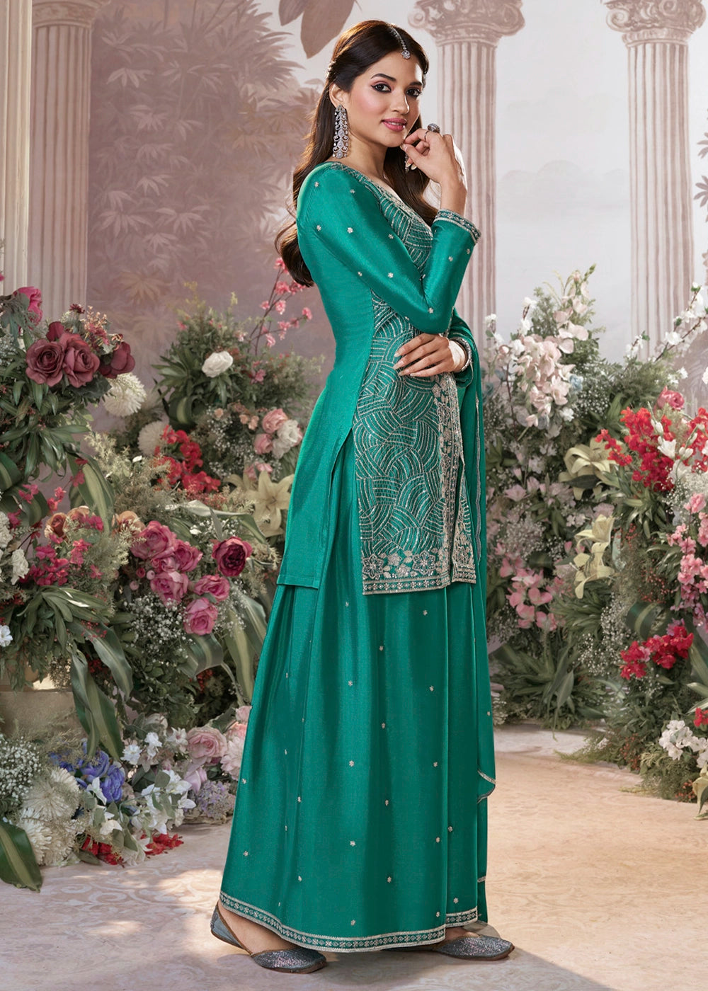 Pine Green Chinon Silk Sharara Set with Sequin and Embroidery Detailing