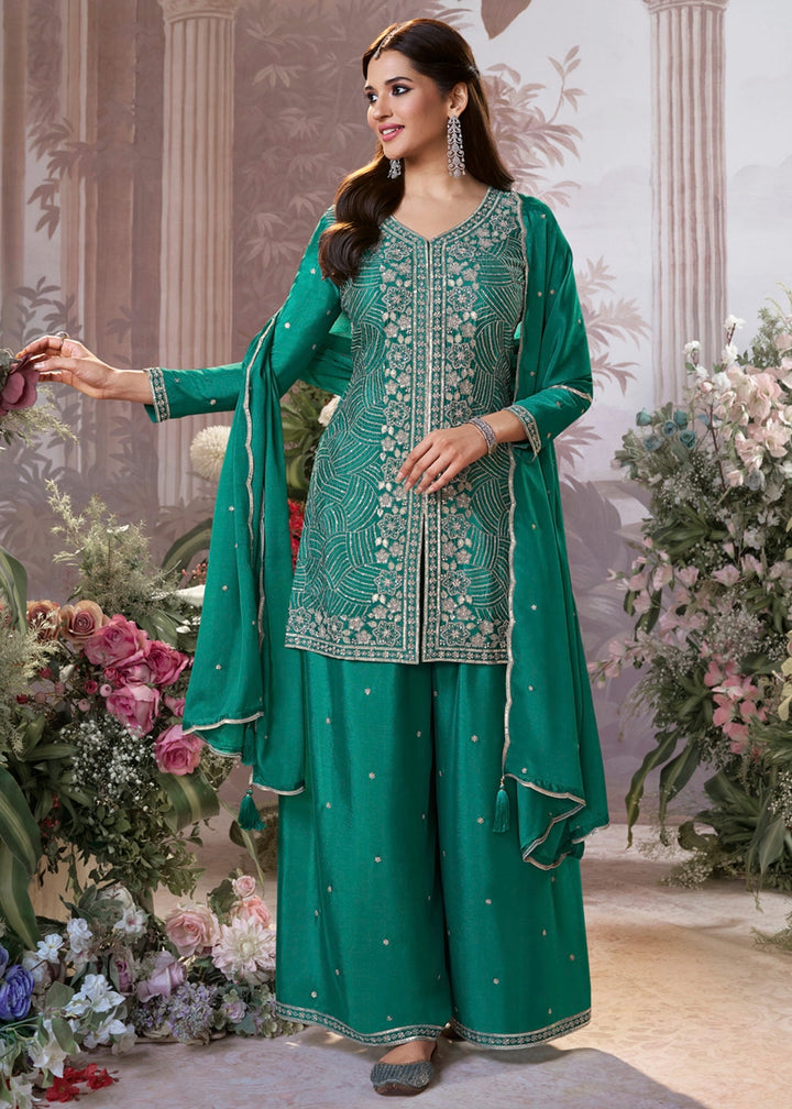 Pine Green Chinon Silk Sharara Set with Sequin and Embroidery Detailing