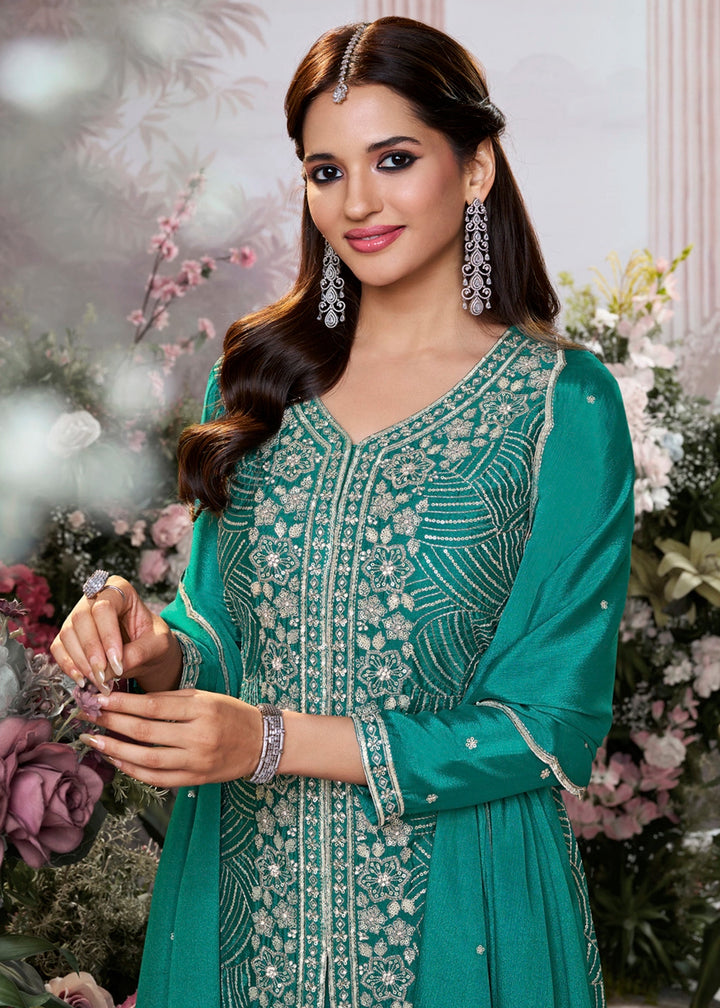 Pine Green Chinon Silk Sharara Set with Sequin and Embroidery Detailing