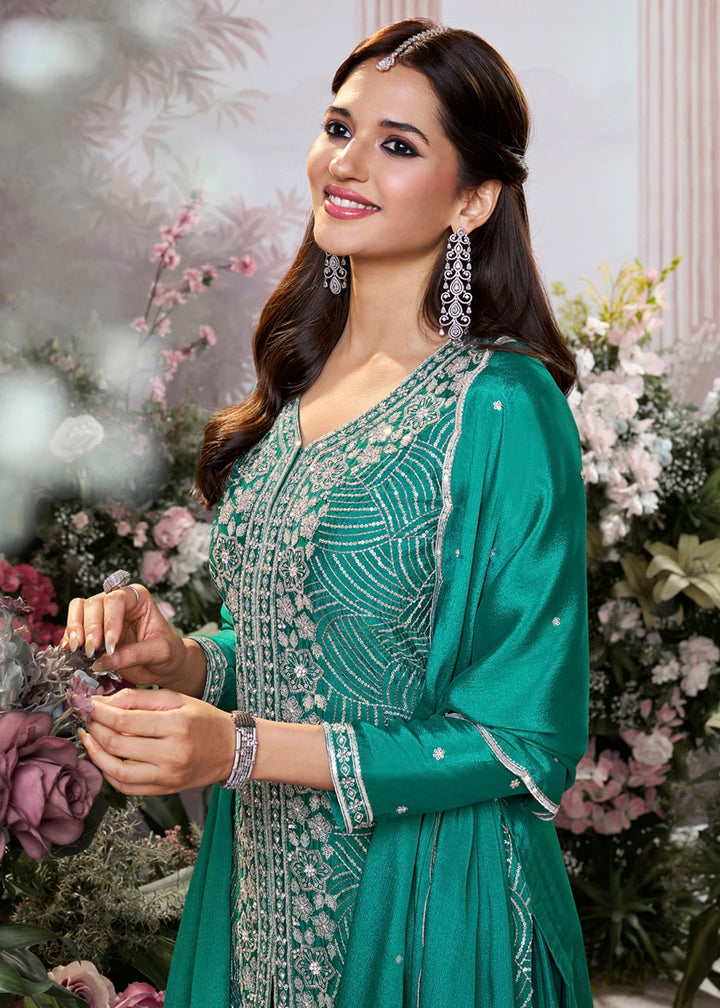 Pine Green Chinon Silk Sharara Set with Sequin and Embroidery Detailing