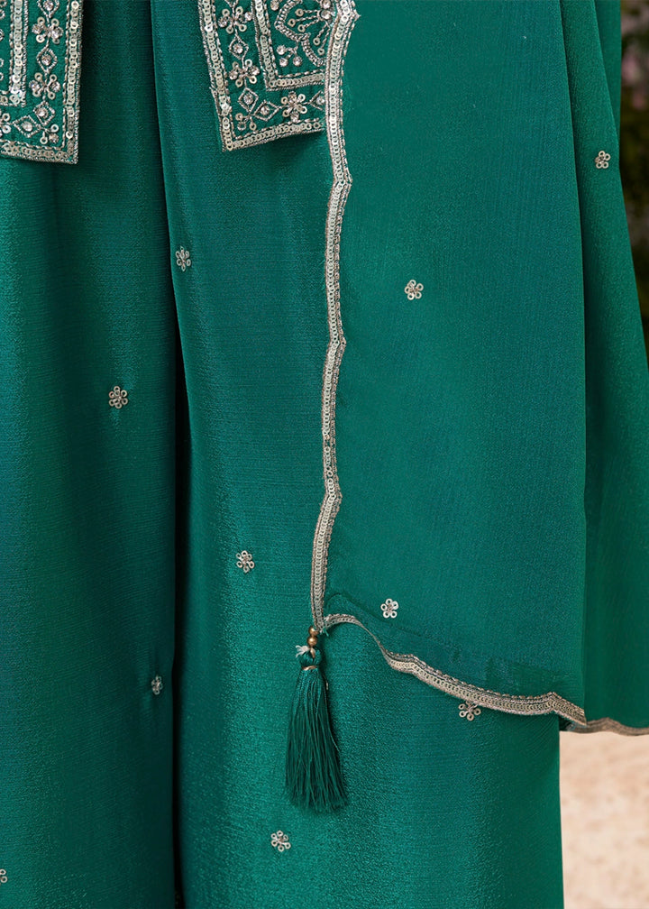 Pine Green Chinon Silk Sharara Set with Sequin and Embroidery Detailing