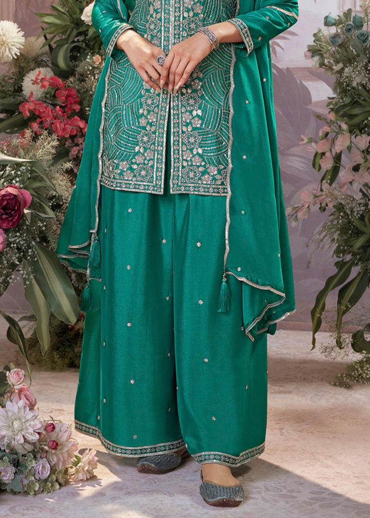 Pine Green Chinon Silk Sharara Set with Sequin and Embroidery Detailing
