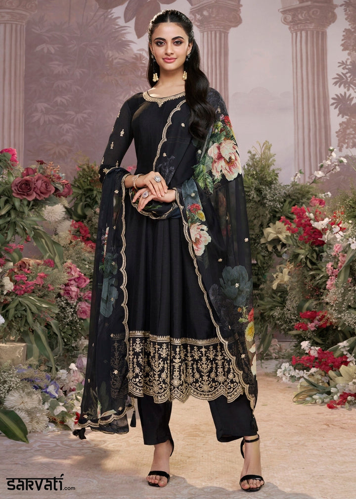Pebble Black Silk Anarkali Suit with Detailed Embroidery