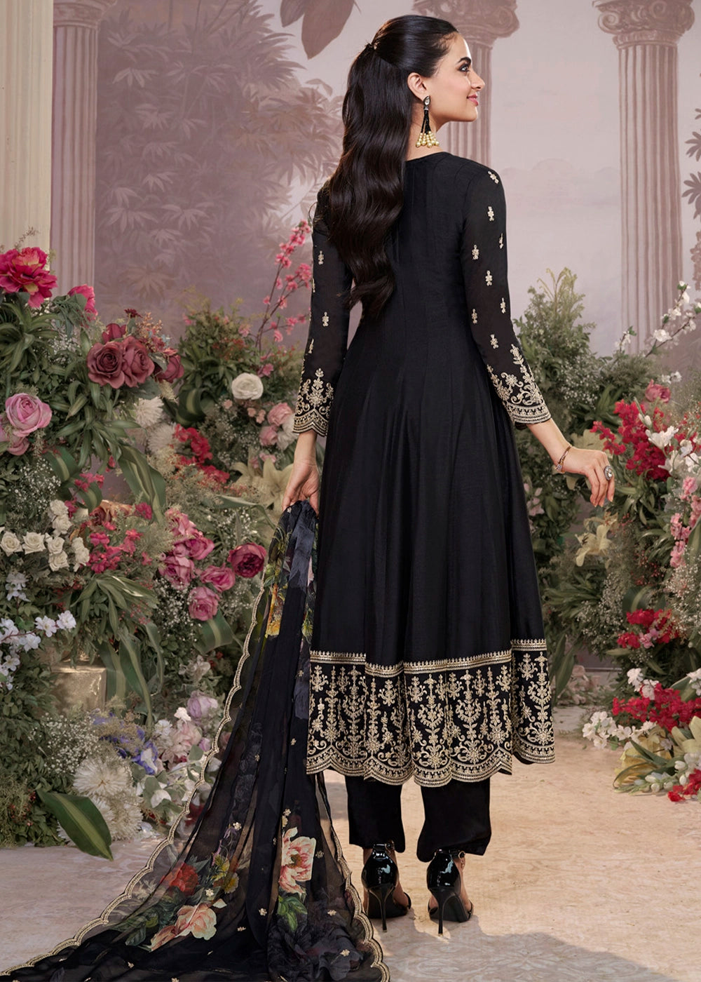 Pebble Black Silk Anarkali Suit with Detailed Embroidery