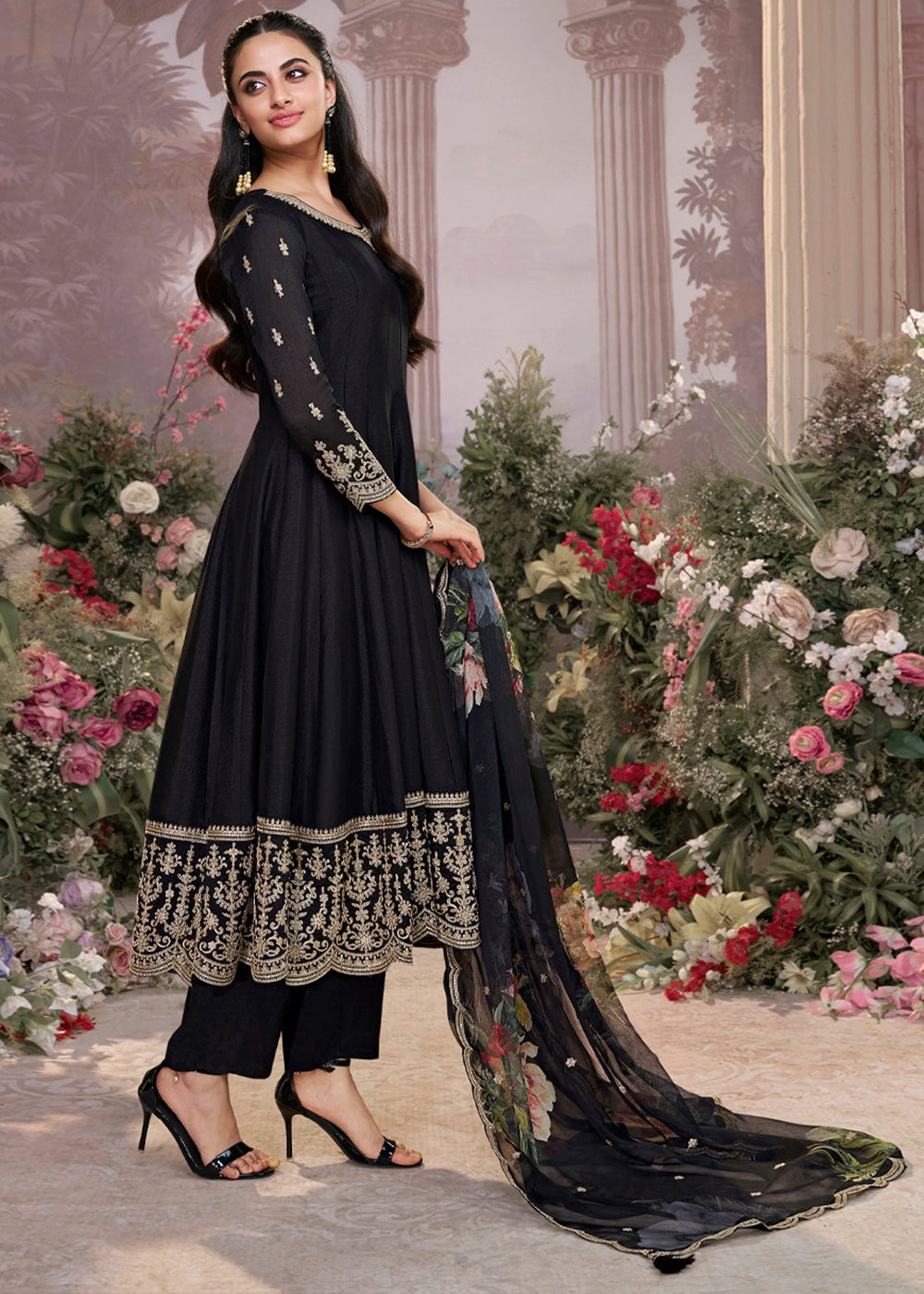 Pebble Black Silk Anarkali Suit with Detailed Embroidery