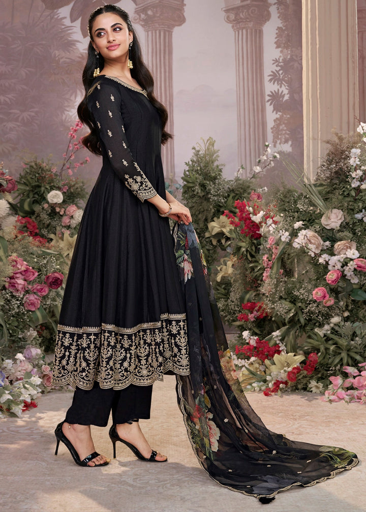 Pebble Black Silk Anarkali Suit with Detailed Embroidery