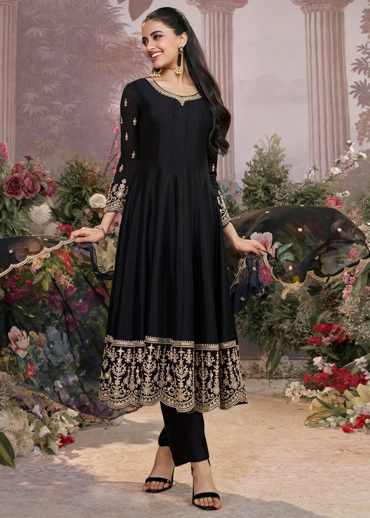 Pebble Black Silk Anarkali Suit with Detailed Embroidery