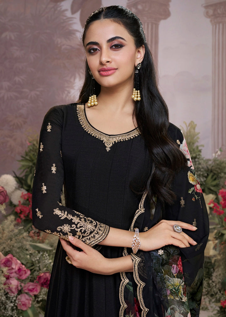 Pebble Black Silk Anarkali Suit with Detailed Embroidery