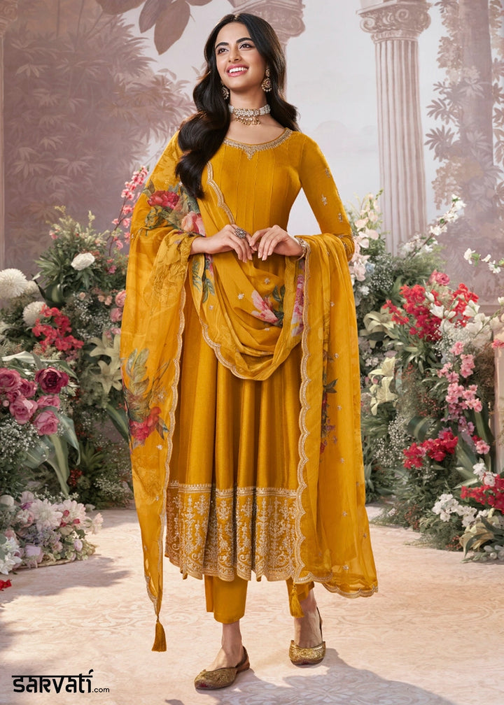 Mustard Yellow Silk Anarkali Suit with Detailed Embroidery