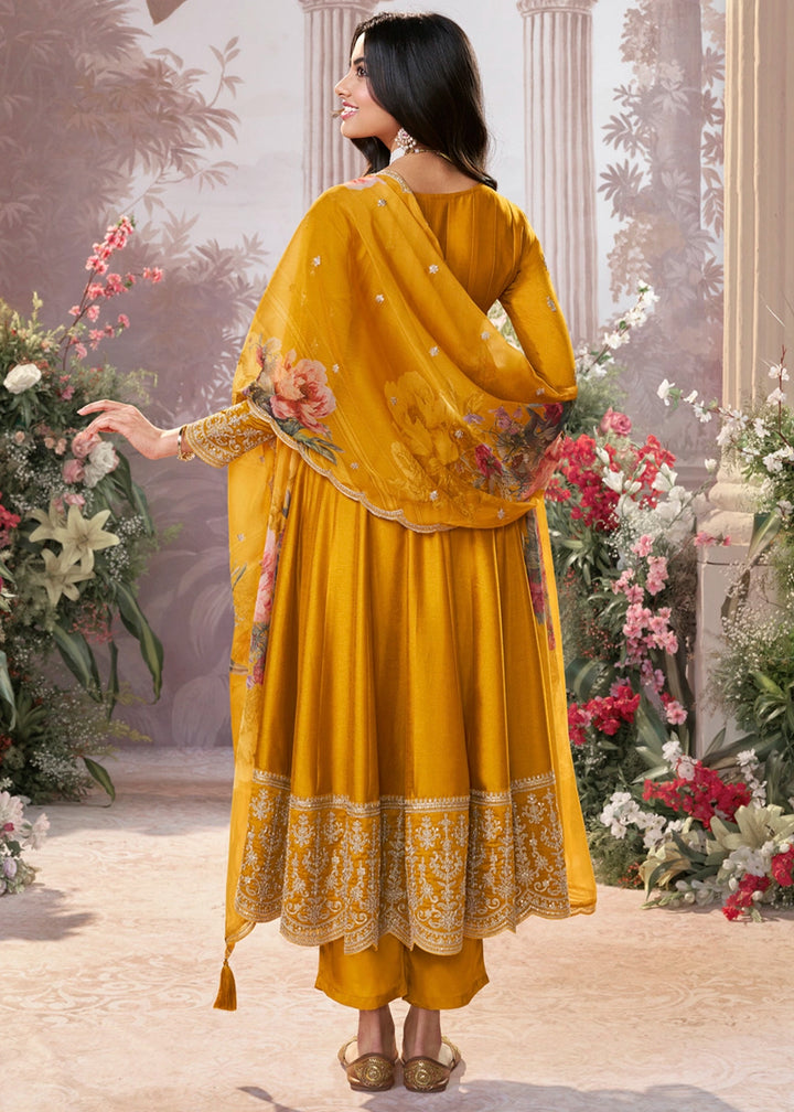 Mustard Yellow Silk Anarkali Suit with Detailed Embroidery